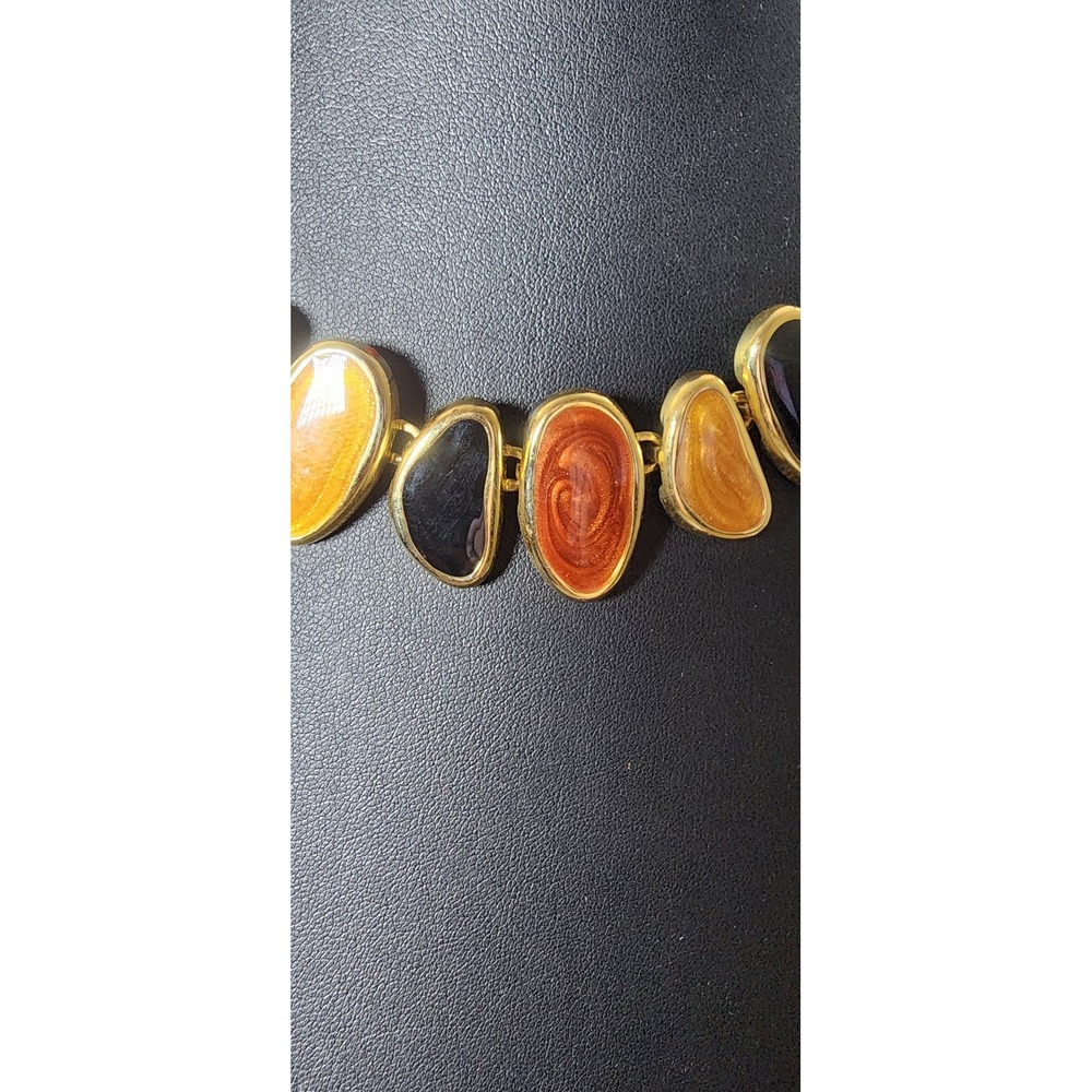 Vintage Gold Tone Enamel Pebble Link Collar Necklace Orange Amber Black - Picture 2 of 6